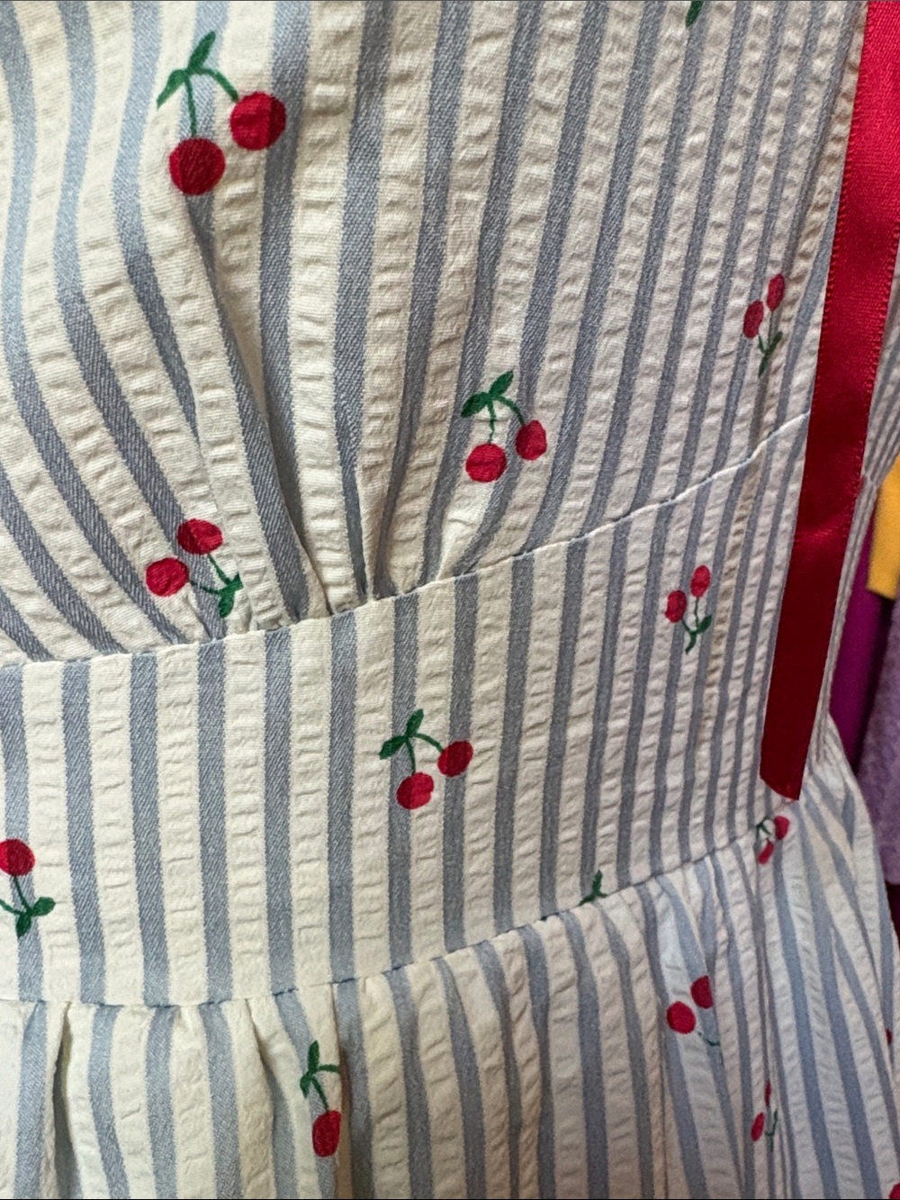 Vintage-Inspired White & Light Blue Striped with Cherries and Ribbon Tie - Picture 7 of 11